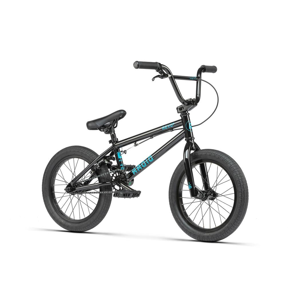 The Radio Revo 16 Inch Bike is a black kids BMX with blue accents, thick tires, high handlebars, and a padded seat, pictured on a plain white background.