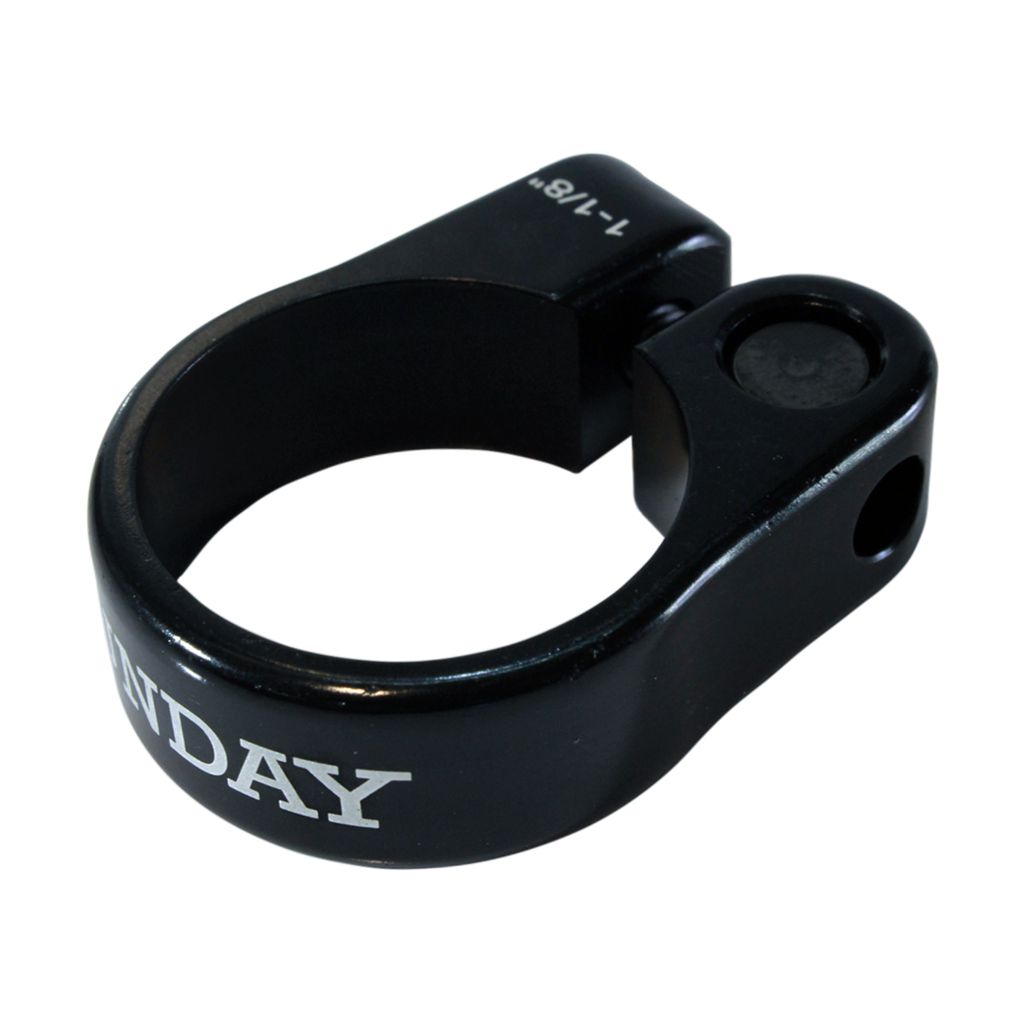 A Sunday Slim Seat Clamp with "SUNDAY" inscribed on the side features an ultra-slim aluminum design and a durable chromoly bolt for tightening.