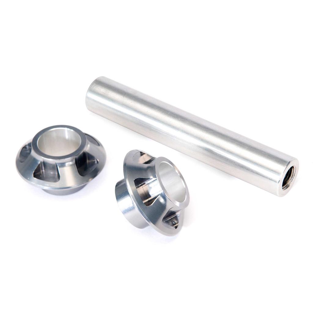 The Eclat Teck Axle & Cone Set, featuring a cylindrical axle rod and two flanged hollow cones, is displayed on a white background.
