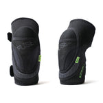 A pair of Fuse NXG Kids Knee Pads, black with reinforced padding, elastic straps, and green Fuse tags, shown from front and side on a white background—perfect protective gear for youth.
