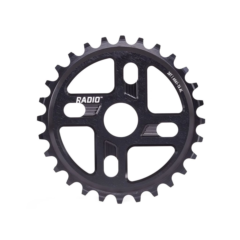 The Radio Axis Sprocket features a sleek, CNC-machined design with five spokes, constructed from durable 6061-T6 alloy. It includes a "28T 165/174 AL" label for precision and reliability in your ride.