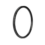 An Arise Solar 24 Inch Cruiser Rim in black stands upright against a white background, showcasing multiple spoke holes along its edge.