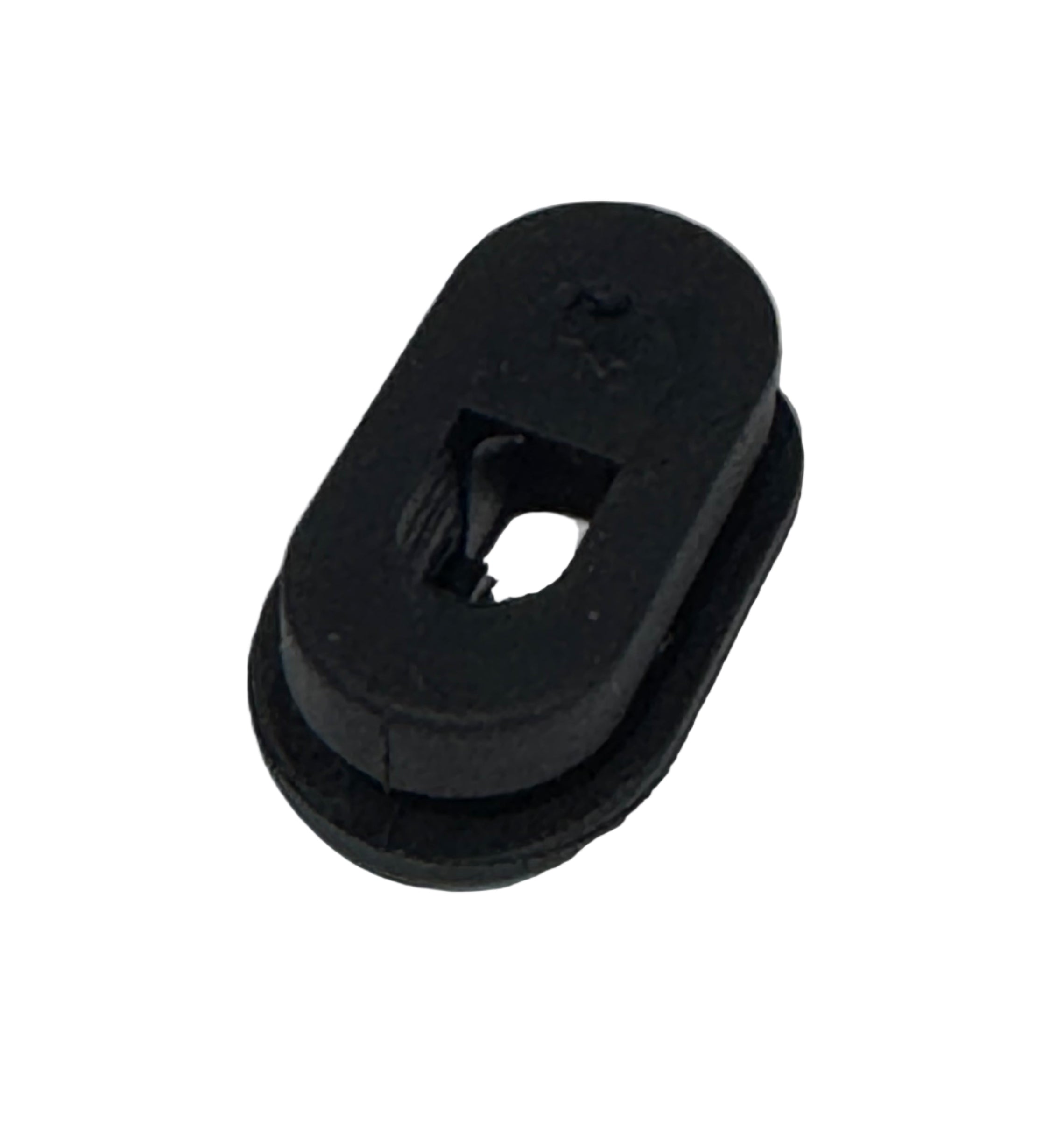 The Grommet For Internal Brake Hose Routing is a black, oval rubber grommet with a central rectangular hole and surrounding ridge, designed for internal brake hose routing, shown on a white background.