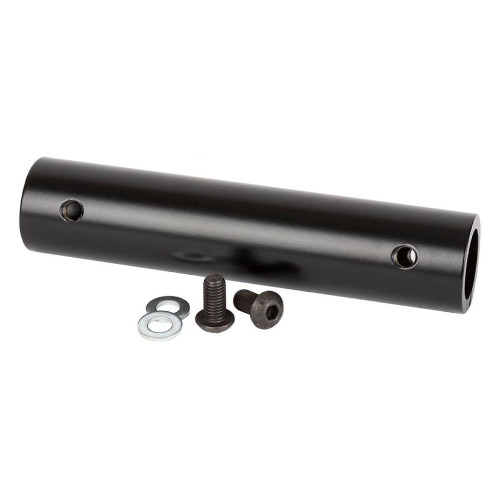 The S&M Connector Tube Slide Pipe Rail, a cylindrical black metal adapter with corrosion resistance and two side holes, comes with two washers and screws, set against a white background.