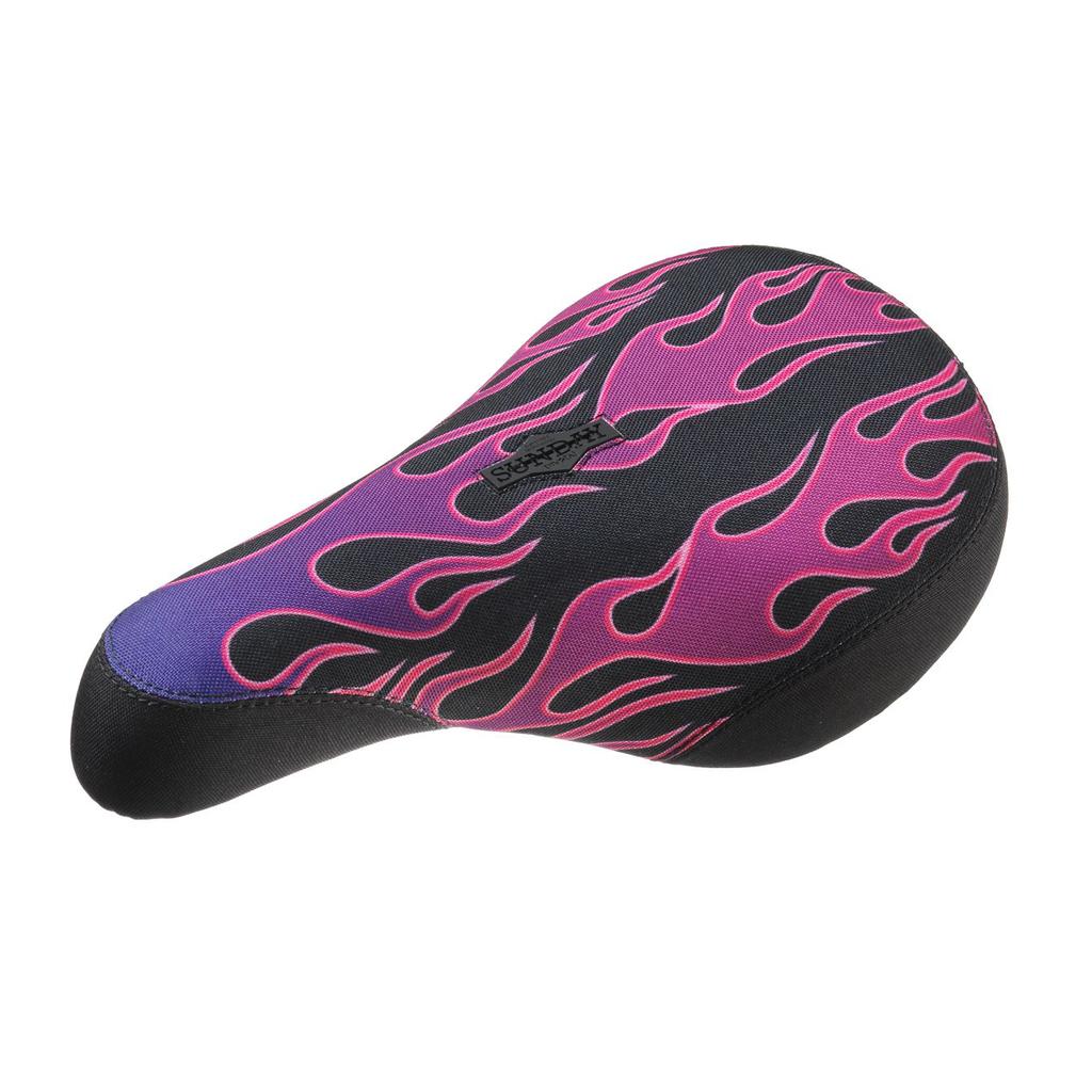 Discover the Sunday Flames Pivotal Seat, featuring a black base adorned with eye-catching purple-pink flames to add vibrant color to your ride.