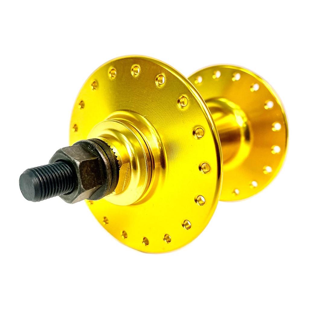 A close-up of the Fit Bike Co Retro Front Hub, a gold-colored high flange bicycle hub with multiple spoke holes and a central axle secured by a nut, highlighting its classic retro design.