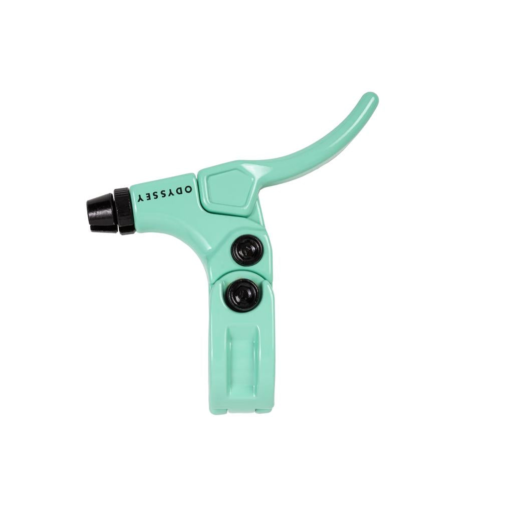 The Odyssey Monolever Short Lever in mint green features a hinged clamp, two adjustment bolts, and a black barrel adjuster, shown isolated on a white background.