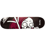 The Sunday Creepy Sweeper Skateboard Deck is made of sturdy Canadian Hard Rock Maple and features a cartoon skull with big eyes in a red hood against a black background with white accents.