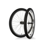 The S&M Covid 26 Inch Wheel Set features two black bicycle wheels with silver spokes and double wall rims, shown upright side by side against a white background.
