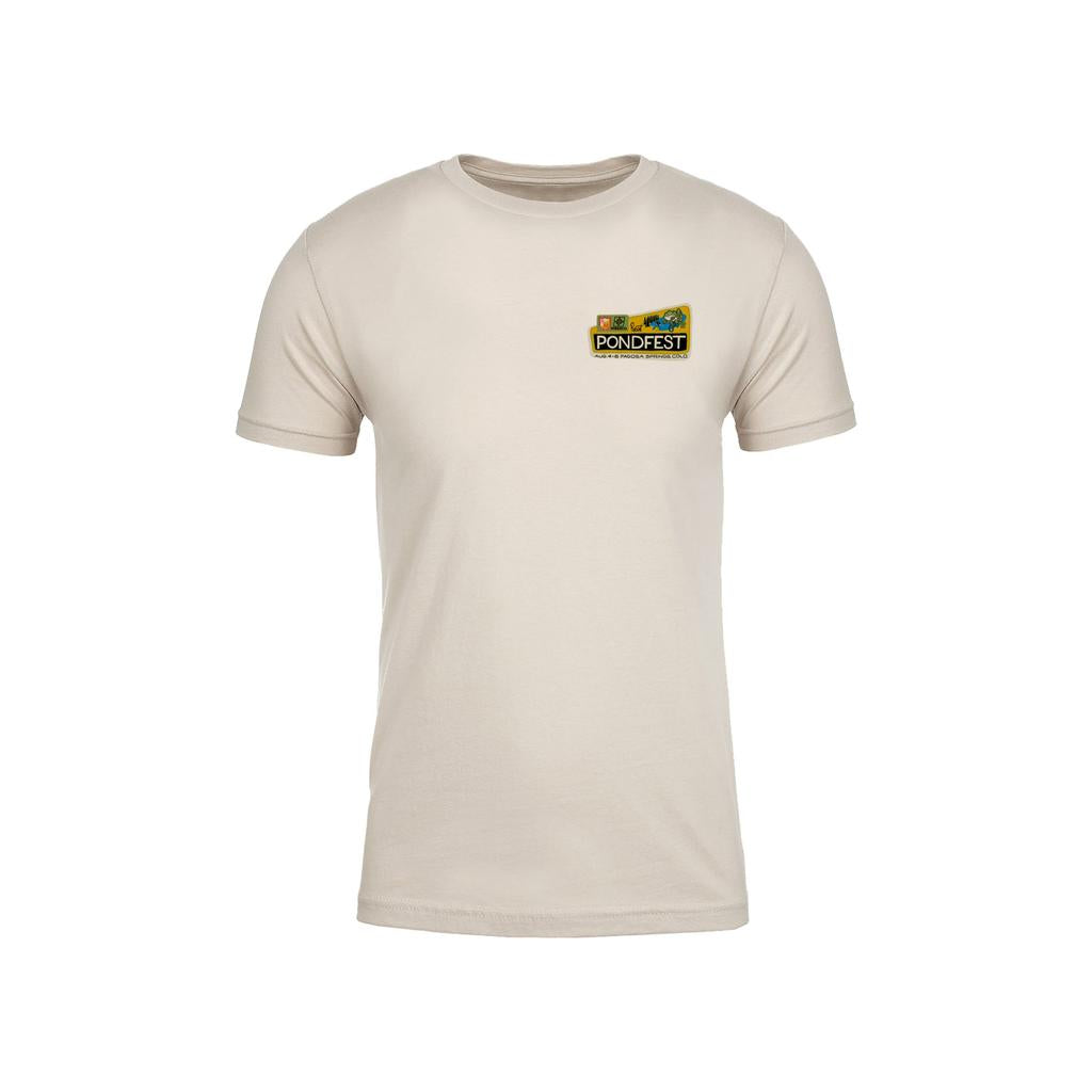 The S&M Pondfest Sign T-Shirt is a plain beige tee with a small "Pondfest" logo on the upper left chest, printed in the USA.