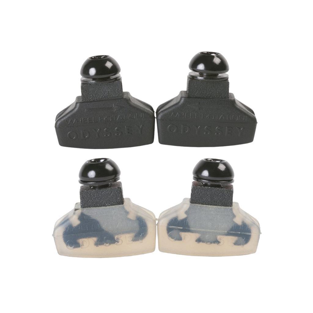 The Odyssey Ghost Pads set includes four bicycle brake pads with rounded tops—two in black and two translucent. They're ideal for aluminum frames and ensure easy installation for a smooth ride.