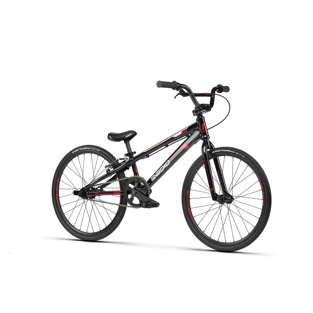 A black and red Radio Xenon Junior Bike race bike on a white background.
