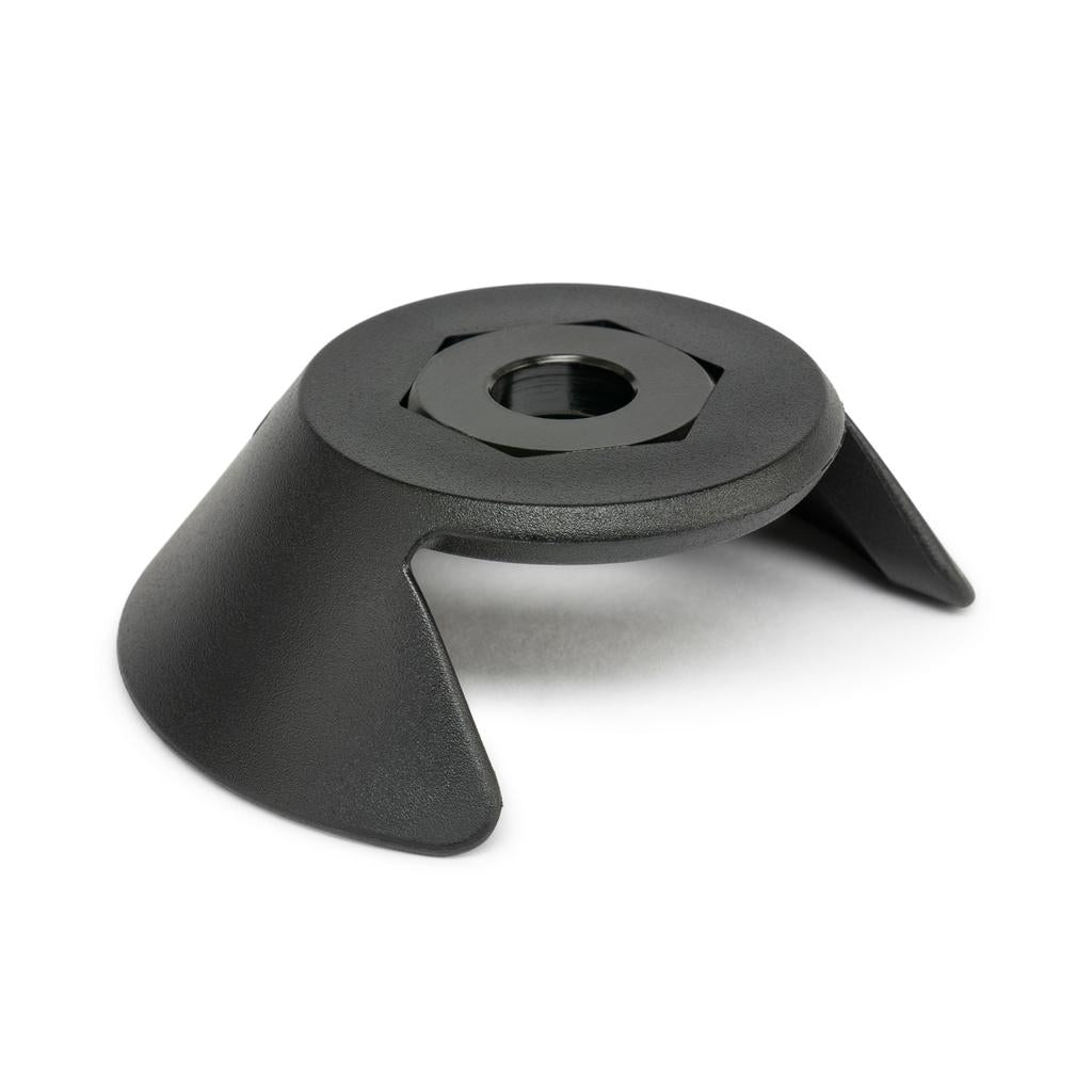 The Eclat Overguard Front Nylon Universal Hub Guard, a black metal hex nut with an attached angled, wing-shaped anti-rotation cover, photographed on a white background.