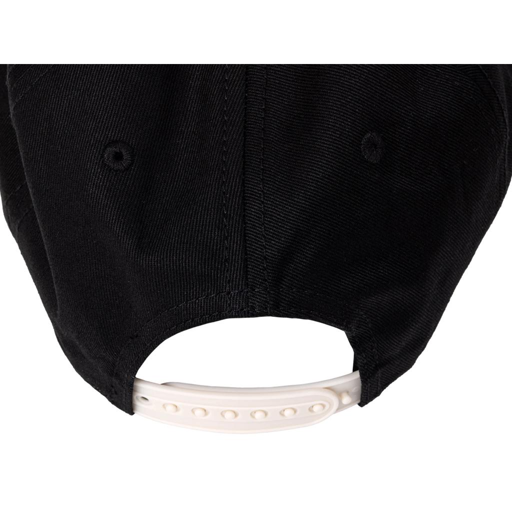 Close-up of the Odyssey 40DSY Cap’s back, showing its black design and white adjustable plastic snapback strap—an essential cool cap for your holiday lineup.