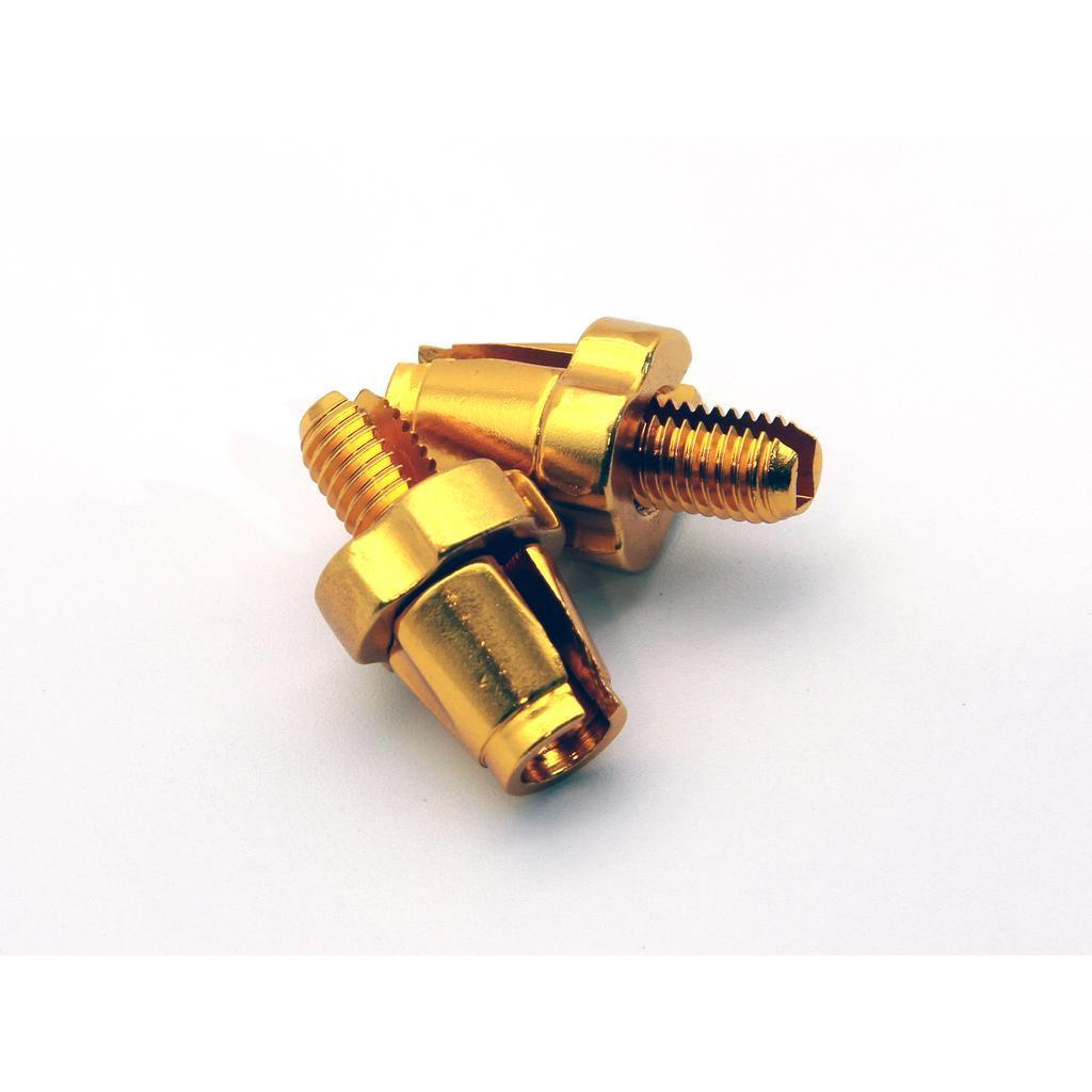 Two Salt M7 Brake Cable Barrel Adjusters, gold-colored with hexagonal heads and threaded ends, are made from precision alloy and shown on a white background.
