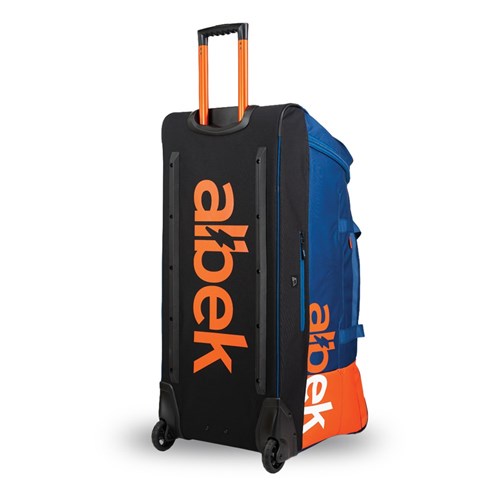 The Albek Meridian Wheeled Gear Bag is a large rolling bag with blue, orange, and black panels. "Albek" is printed vertically in bold orange letters on the side, and it features a waterproof lining to protect your belongings.