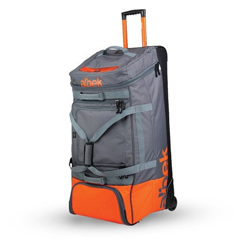 The Albek Meridian Wheeled Gear Bag is a large gray and orange bag with an extended handle, exterior straps, multiple zippered compartments, wheels, and a waterproof lining to protect your belongings.