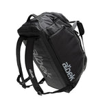 A black Albek Skytrail 51 Gear Bag featuring padded shoulder straps, multiple zippered compartments for efficient gear storage, and the Albek logo printed on the side.