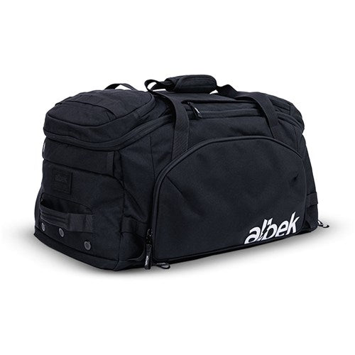 The Albek Skytrail 51 Gear Bag is a large black duffel with multiple compartments, a padded helmet section, sturdy handles, and "albek" printed in white on the side.