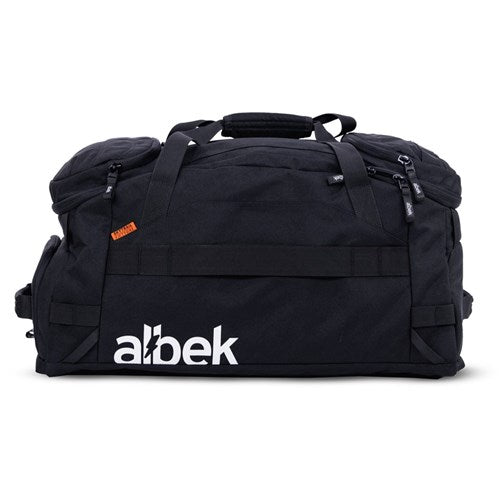 The Albek Skytrail 51 Gear Bag is a large black adventure travel bag with multiple compartments, carrying handles, a padded helmet compartment, and "albek" printed in white on the front.