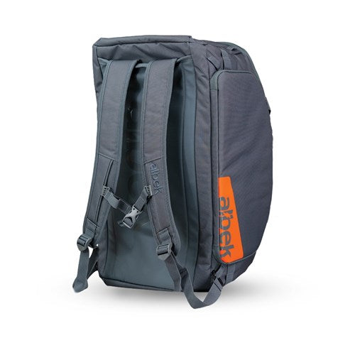 The Albek Skytrail 51 Gear Bag is a dark gray adventure backpack with two padded shoulder straps and an orange "Albek" logo on the side, offering ample gear storage and shown upright on a white background.