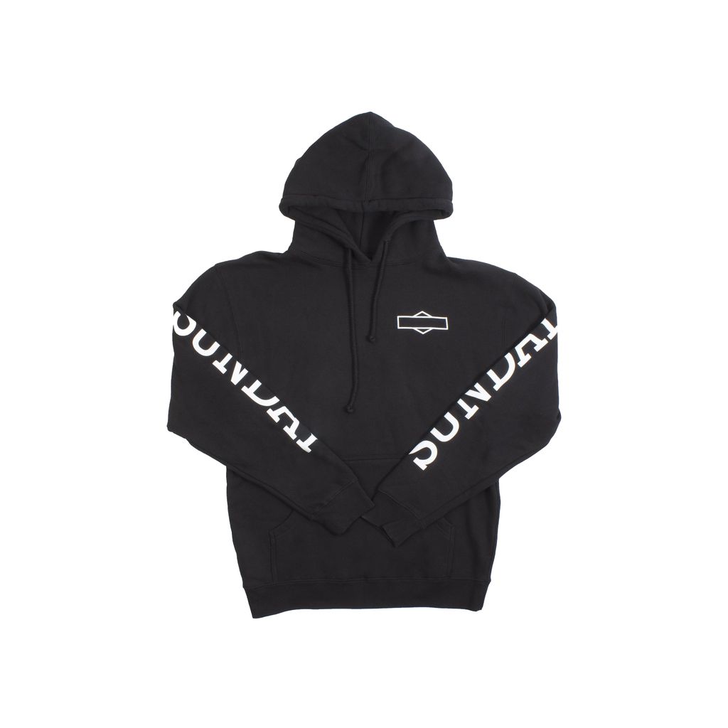 Sunday Rockwell Box Hoodie with "SUNDAY" printed in white on the left sleeve and a simple logo on the left chest.