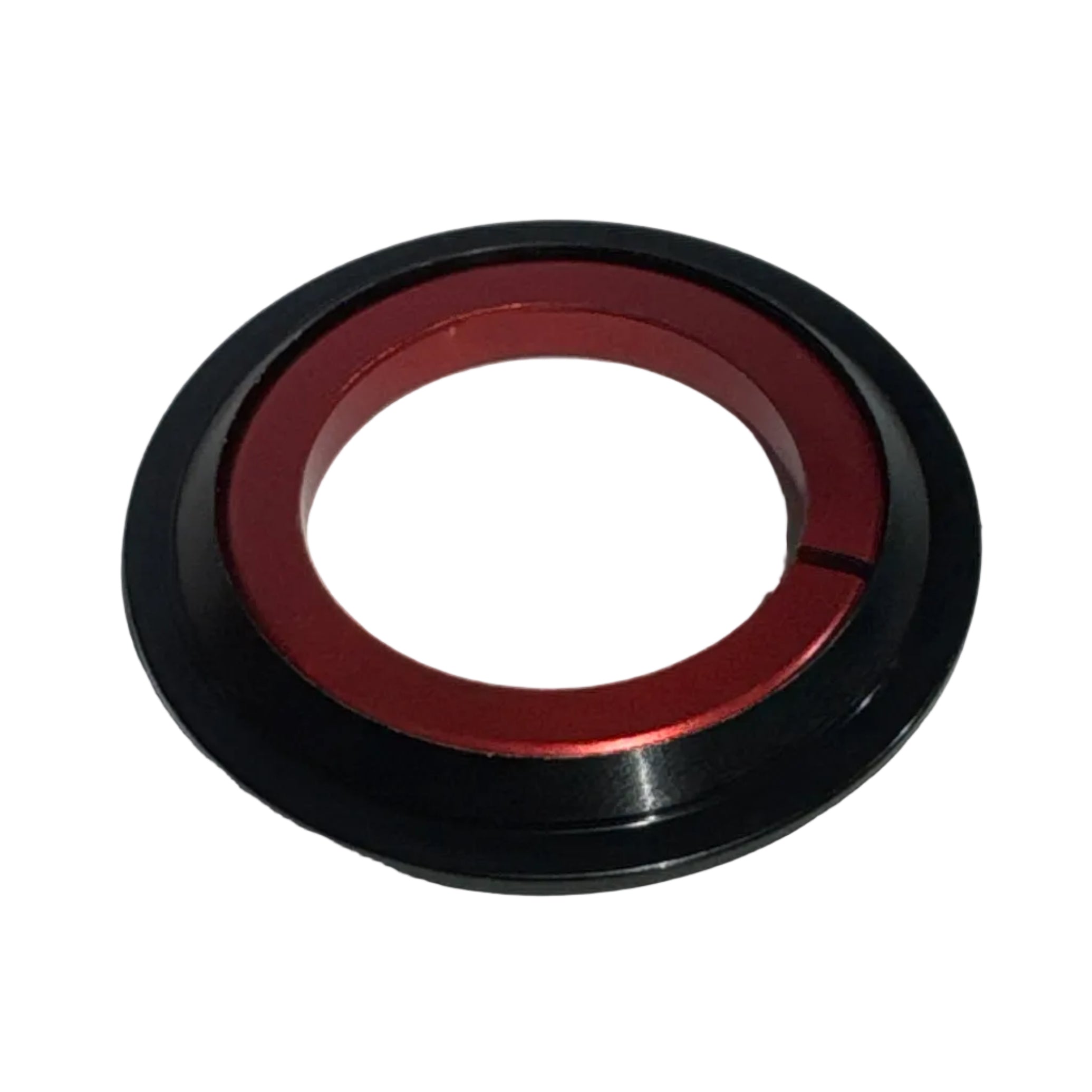 The Generic Adaptable Tapered Headset Crown Race Kit is a round metal washer with a red inner ring and black outer ring, featuring a small gap on one side—designed for use as a crown race adaptor on a 1.50 headtube steerer tube.