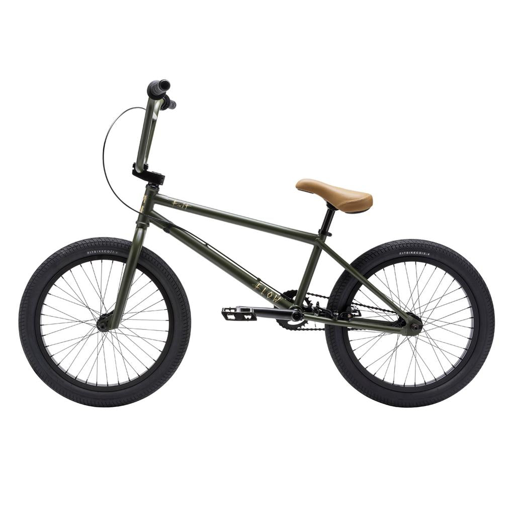 A Fit Bike Co Flow 20 Inch BMX bike in matte olive green with black tires, black handlebars, a tan seat, and a minimalist design is shown in side profile against a white background.