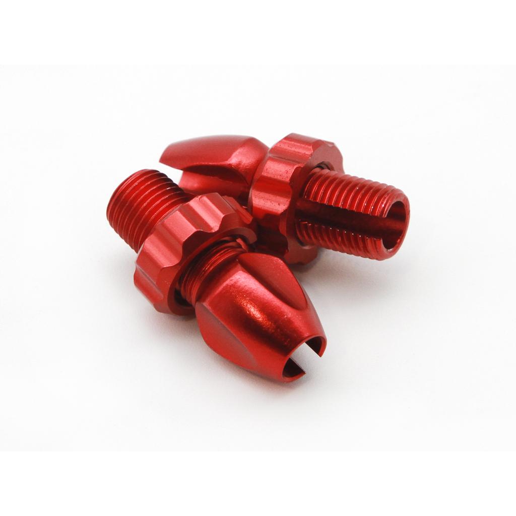 Two Salt M10 Brake Cable Barrel Adjusters, featuring a pointed, grooved design and crafted from durable 6061-T6 alloy in red, are displayed on a white background.