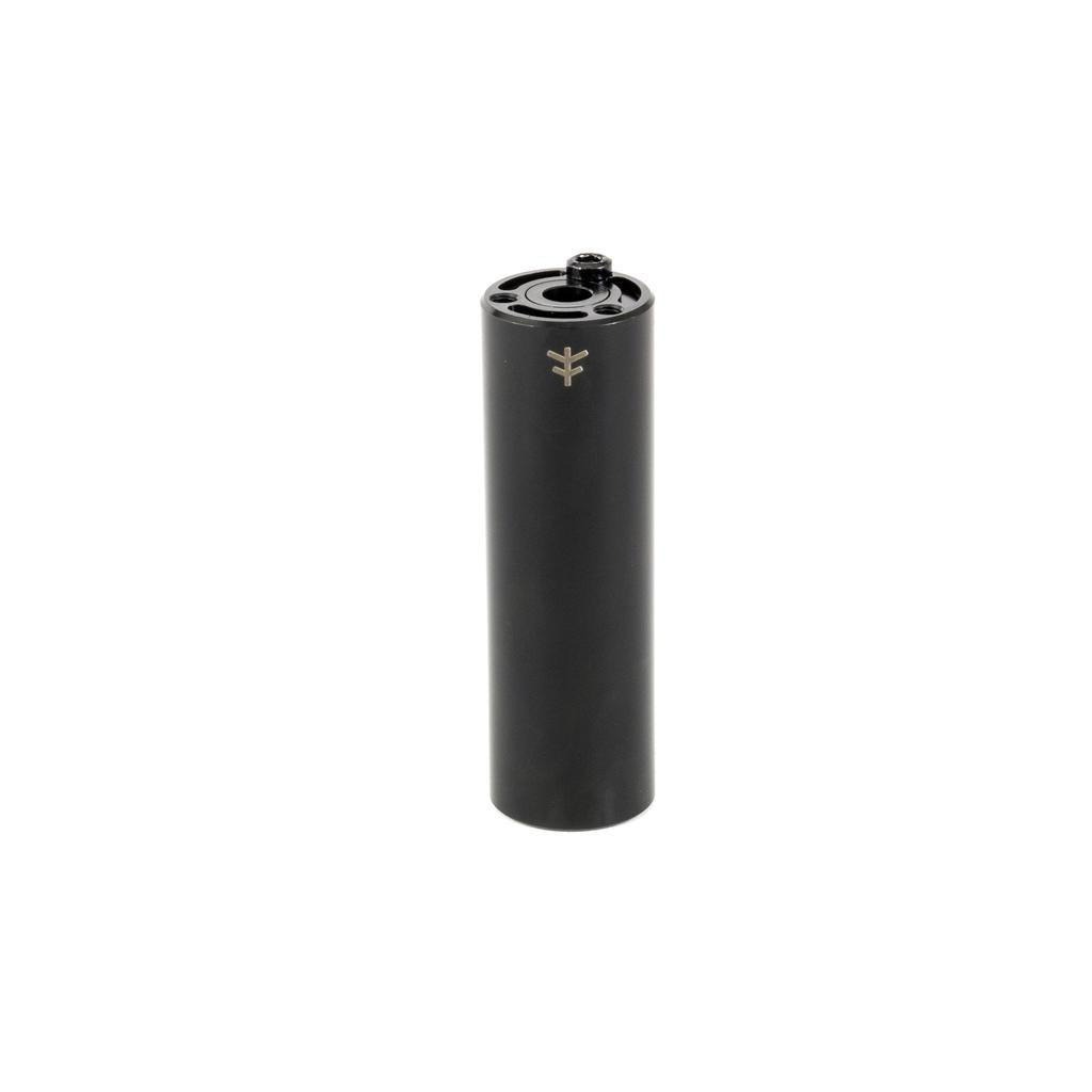 The Fly Bikes Acero ST Peg is a sleek black cylindrical device made of CNC Machined 4140 Cr-Mo, featuring a small emblem on top. It showcases its street version peg design while standing upright against a white background.