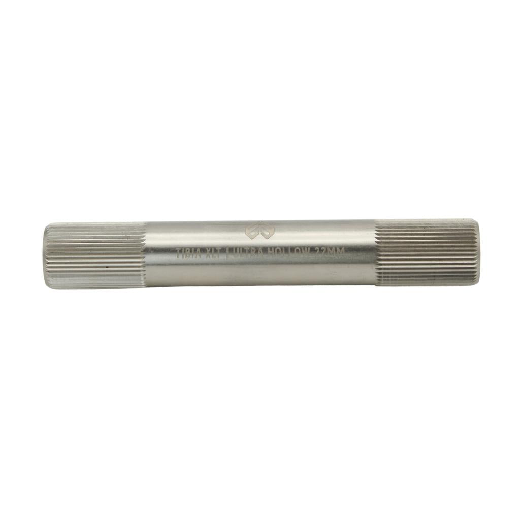 An Eclat Tibia XLT Crank Spindle with ribbed metal ends and engraved markings, measuring 22mm in diameter, displayed against a plain white background.