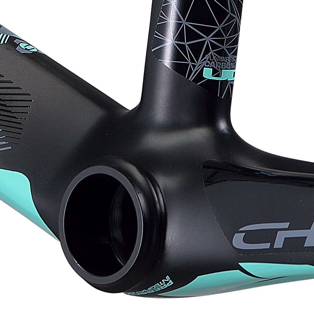 A close up of a black Chase ACT 1.2 Carbon BMX Race Frame Pro XXL+ with advanced carbon technology.