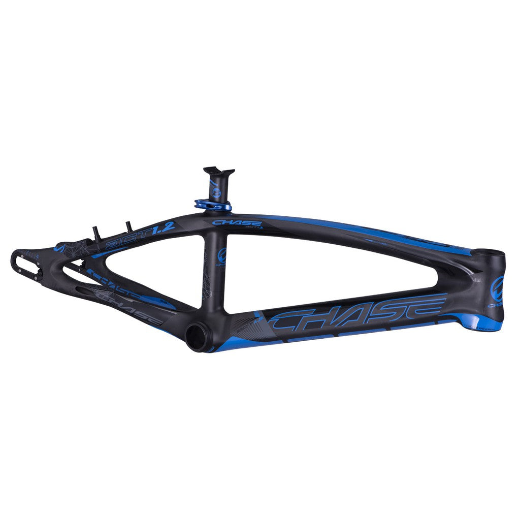 A black and blue Chase ACT 1.2 Carbon BMX Race frame Pro XL+ isolated on a white background.