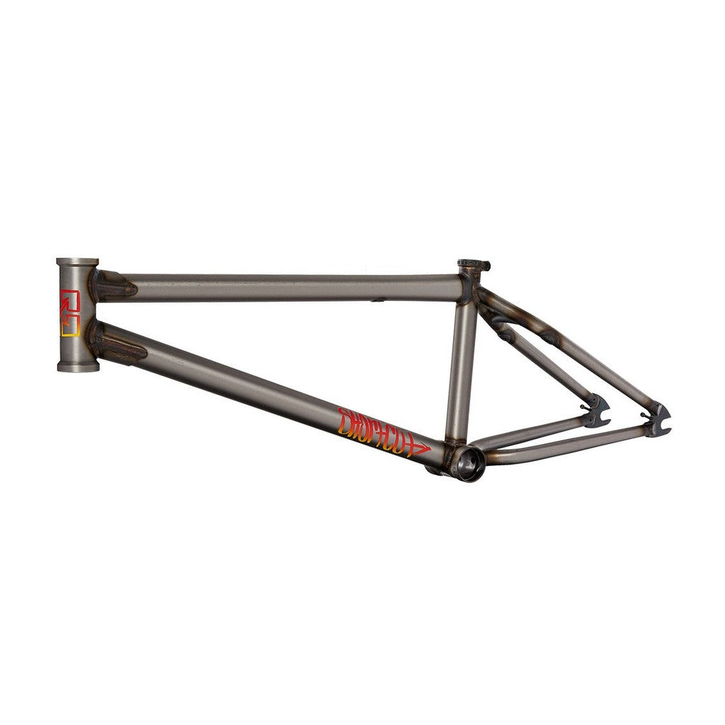 A gray Fit Bike Co Shortcut Frame with a red and yellow logo is displayed on a white background, showcasing its responsive frame with the main triangular structure and rear triangle setup—ideal for tech riders.