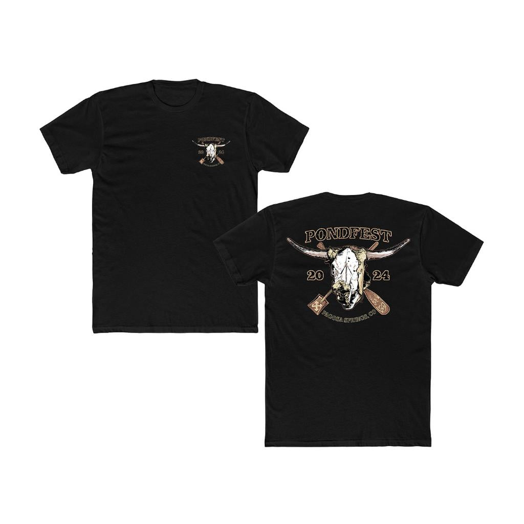 Celebrate in style with the S&M Pondfest 2024 T-Shirt—this black shirt has a small steer skull on the front and a bold back print with oars, “PONDFEST 2024,” and “SECOND ANNUAL.”.