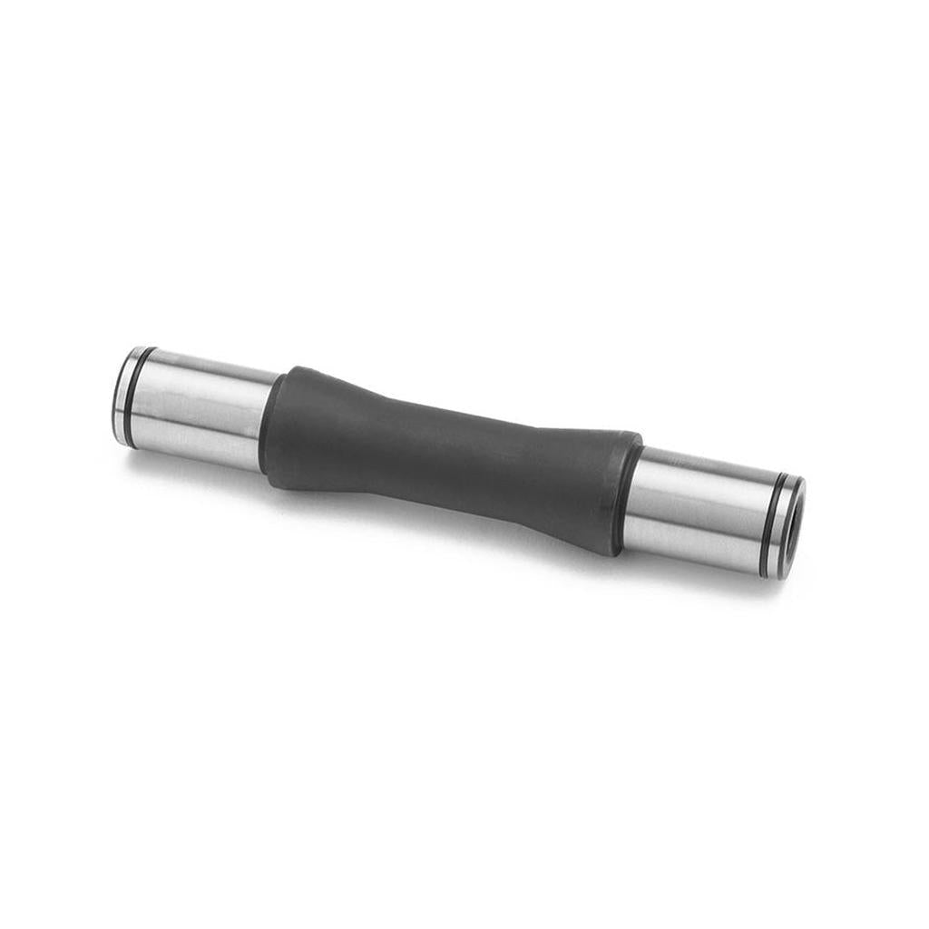 The Cinema FX Front Axle is a cylindrical metal replacement axle with black rubber coating in the center and metal ends, each with two O-rings, designed for the Cinema FX front hub and features a 3/8" sealed front female fit.