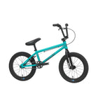 The Sunday Primer 16 Inch Bike (2025) in teal is a BMX bike designed for children, featuring black handlebars, pedals, and tires. Its simple frame design and robust chain drive system ensure reliability, while the Odyssey Springfield Brakes provide superior stopping power for safe riding.