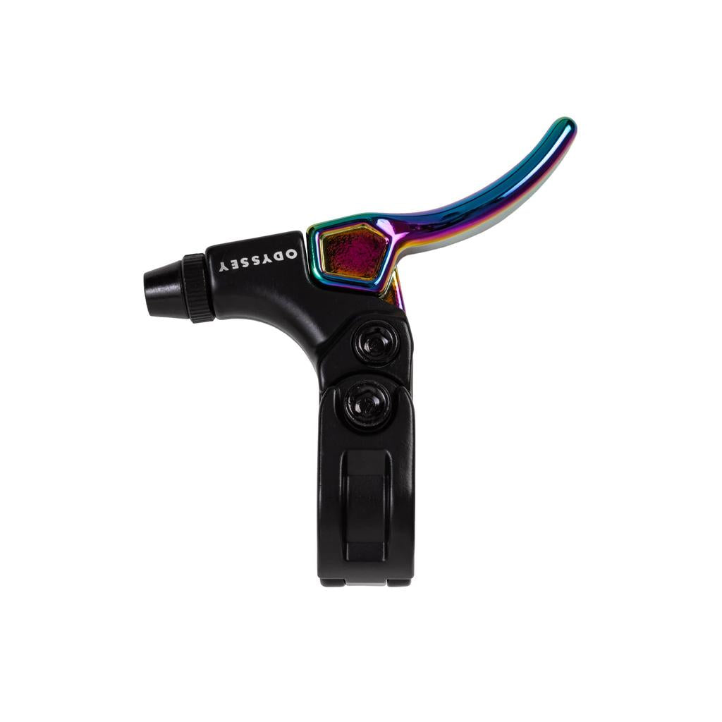 An Odyssey Monolever Short Lever BMX brake lever in black and rainbow colors with a hinged clamp is shown against a white background.