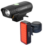 The Lunar Astro 400 Combo Light Set includes a black rectangular front white LED and rear red LED bike light, both with mounting brackets.