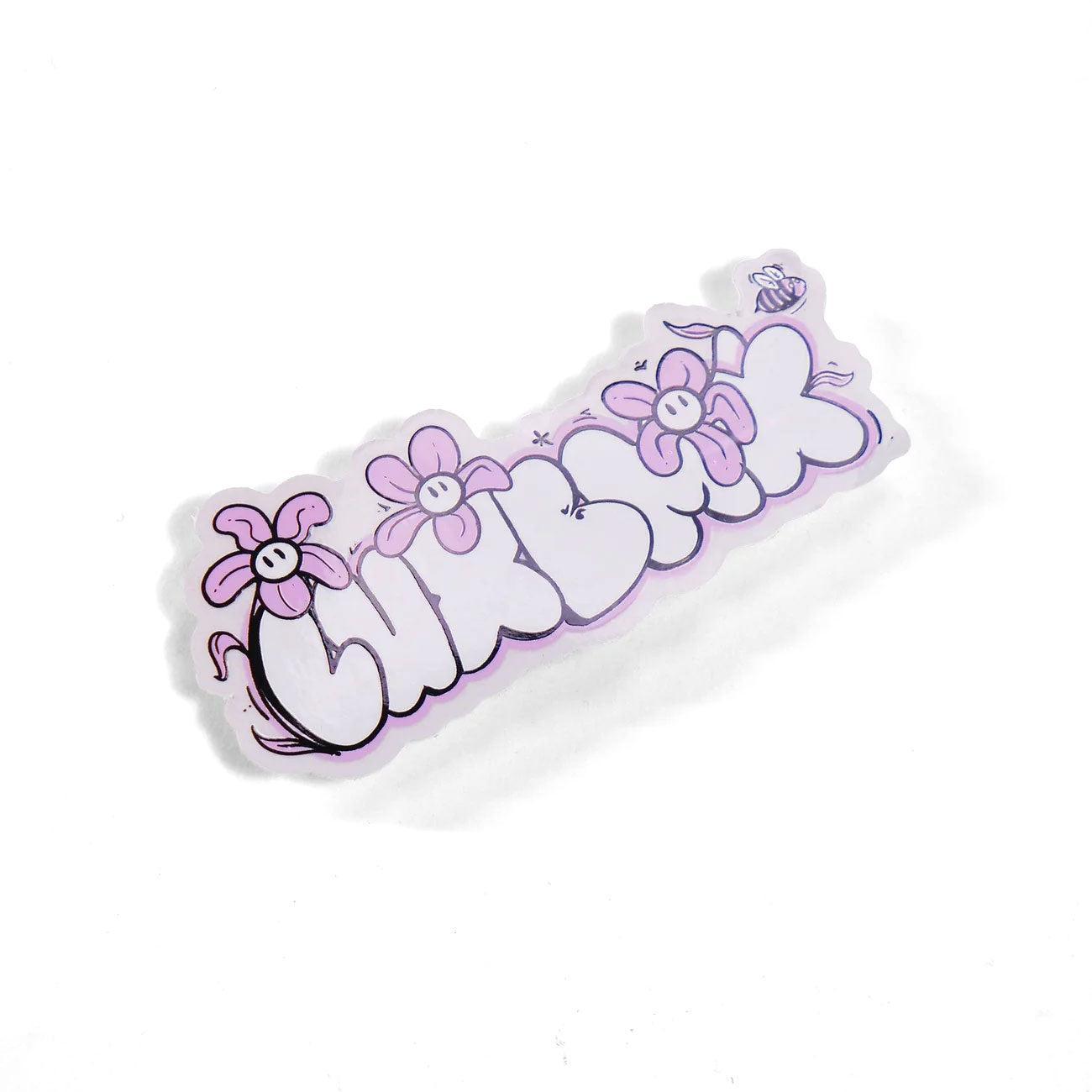 A high-quality vinyl LUXBMX Ali May Sticker with "girlboss" in bubble letters, featuring three pink flowers and a small bee on a white background.