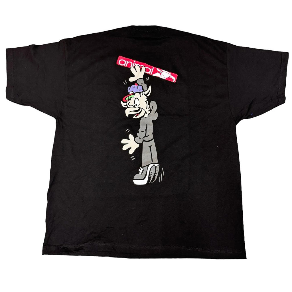 The Animal SLAPZ Tee is a black T-shirt showcasing a cartoon character by Atlanta-based illustrator Freako Rico, holding a red and white object above its head and appearing to struggle with its weight.