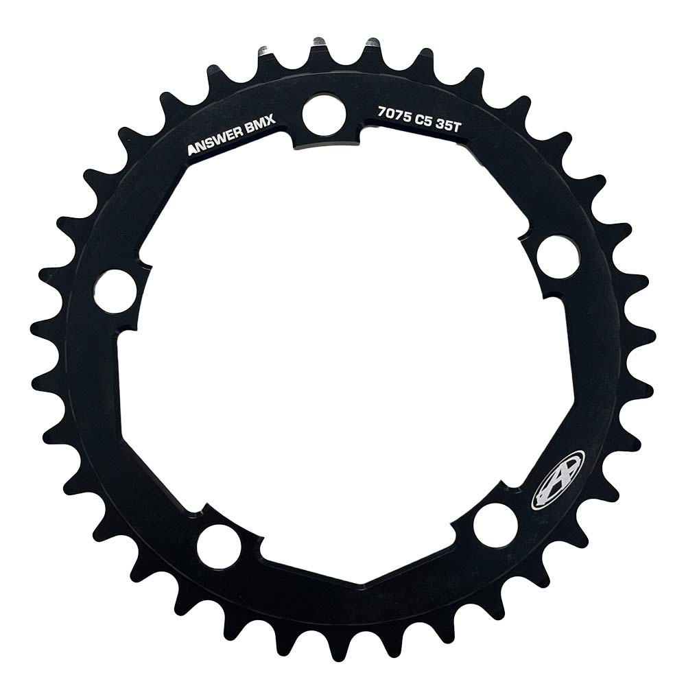 Answer Typhoon C4 5 Bolt Chainring with 35 teeth, made from 7075 aluminum alloy, featuring the Answer BMX logo.