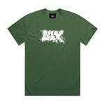 LUXBMX Appleton Tee Faded Forest is crafted from heavyweight cotton in a forest green hue, featuring a bold white "UNX" graffiti-style logo across the chest and complemented by Jack Appleton artwork with a small signature near the bottom right of the logo.