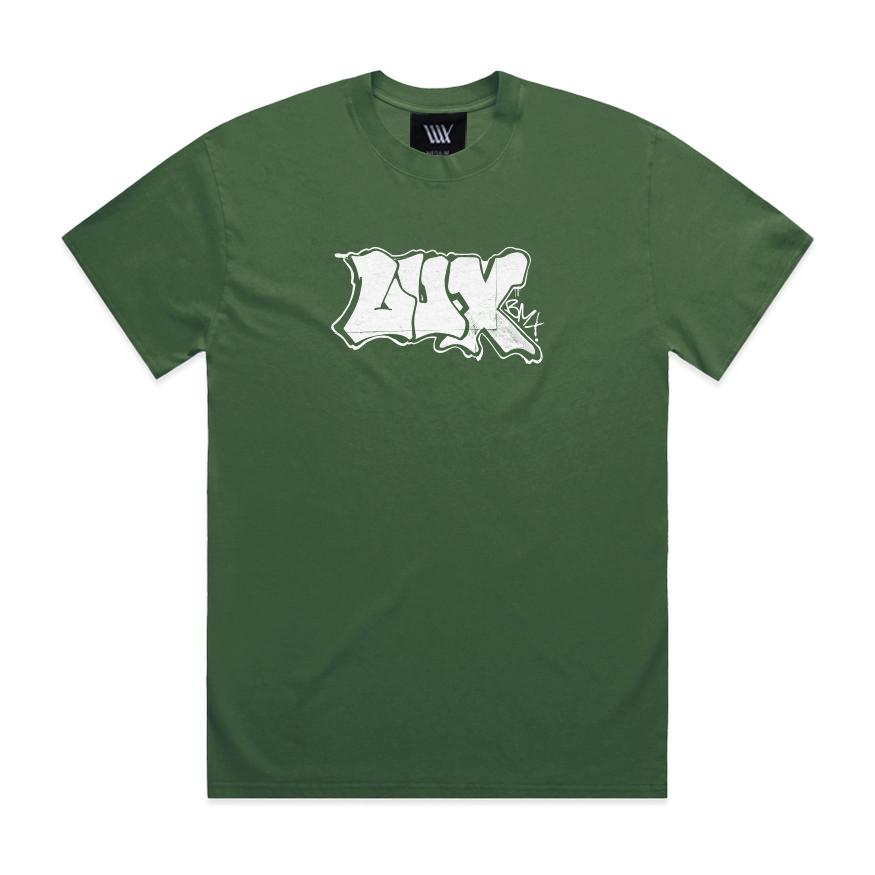 LUXBMX Appleton Tee Faded Forest is crafted from heavyweight cotton in a forest green hue, featuring a bold white "UNX" graffiti-style logo across the chest and complemented by Jack Appleton artwork with a small signature near the bottom right of the logo.