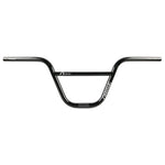 The Arise Neon Pro OS Handlebar is a black chromoly BMX bar with a crossbar, "RISE" branding in white on the right, silver ends with labeled markings, heat-treated for strength, and features a 31.8mm clamp diameter.
