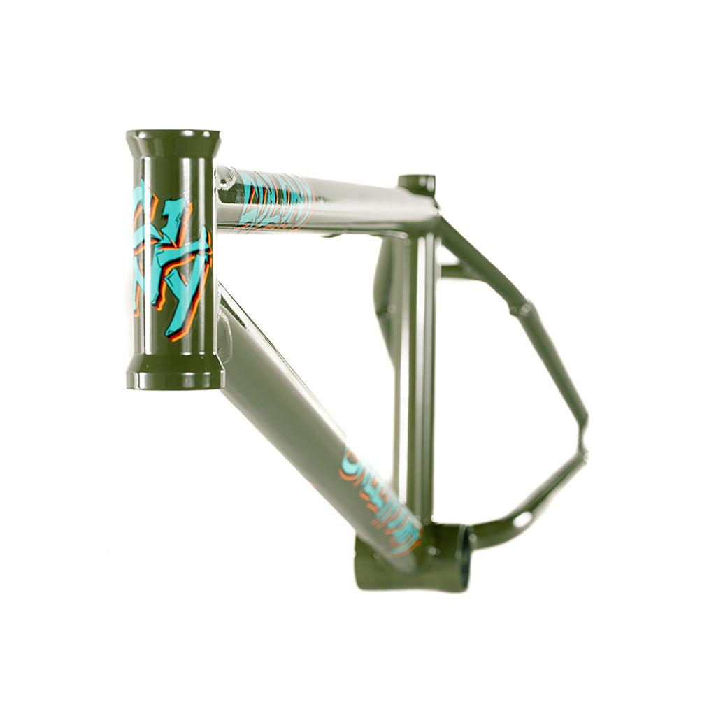 A green Colony 2024 Sweet Tooth frame with a blue logo on it from the Sweet Tooth Range.