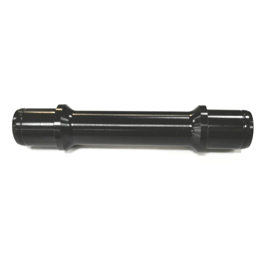 A sleek black cylindrical metal rod with symmetrical ridges and grooves, reminiscent of the Fly Bikes Magneto Female Front Axle/Alloy design, is set against a plain white background.