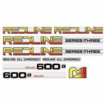 Restore your Series 3 frame with the Redline Retro 600A Series 3 Frame Decal Set, featuring assorted vintage BMX decals like "Redline 600A," "Series-Three," and "All Chromoly" logos.