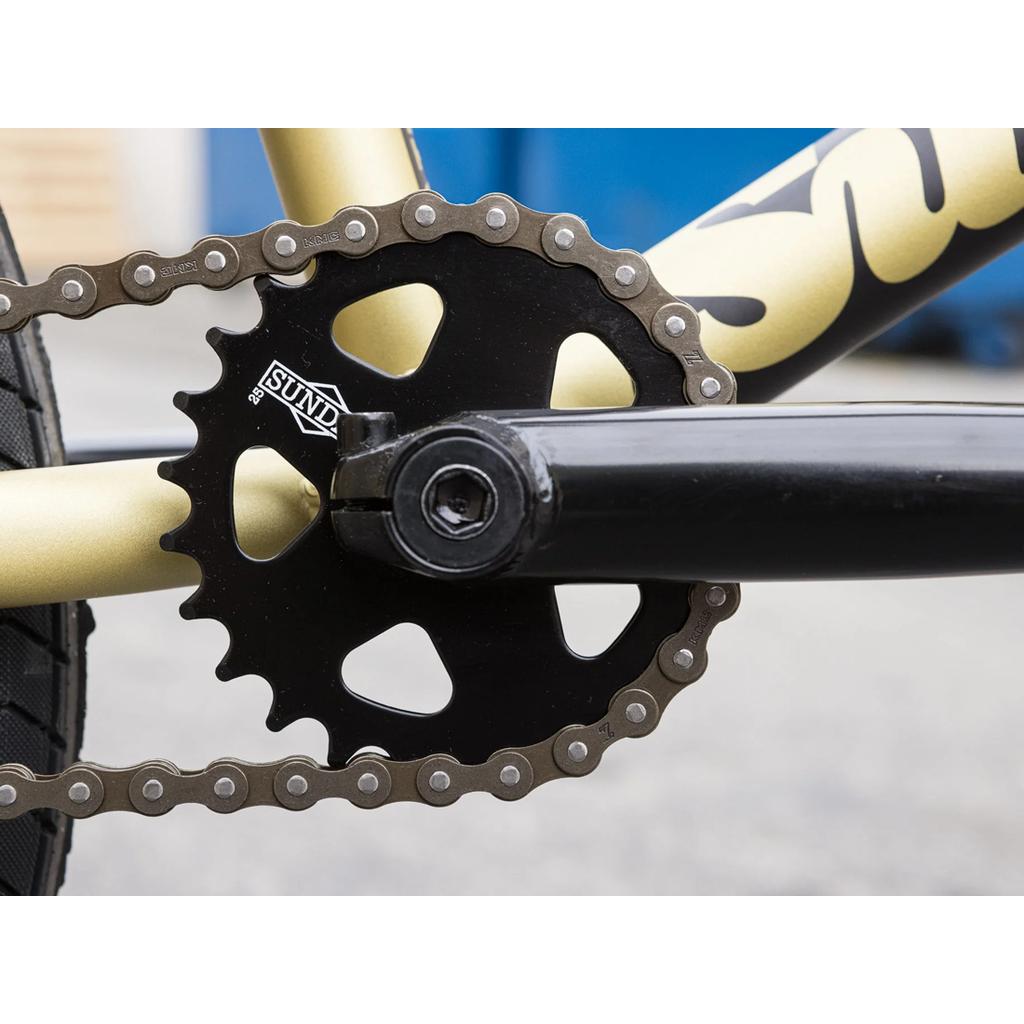 Close-up of the crankset on the Sunday Forecaster 20 Inch Bike (2025) / Broc Raiford, featuring the chainring, crank arm, and chain against a blurred outdoor background to showcase its precision design.