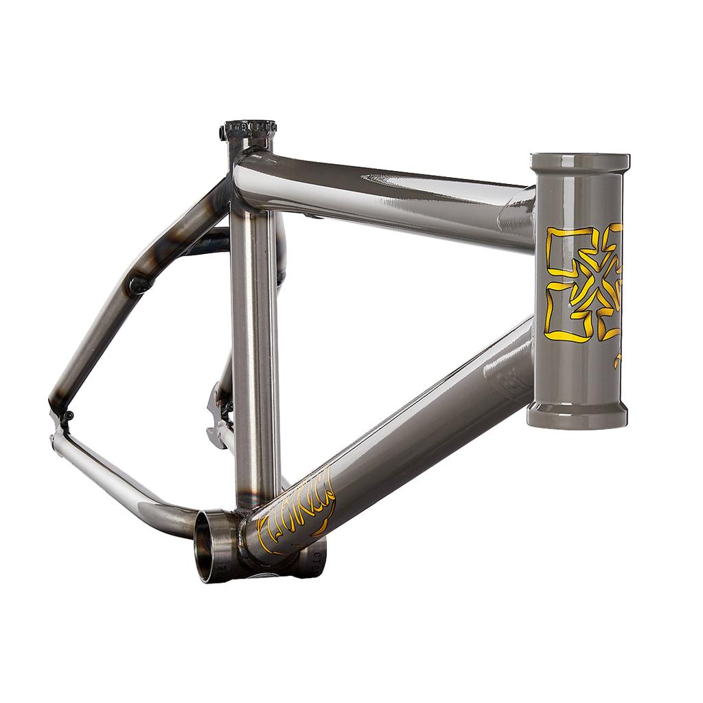 The Fit Bike Co Mixtape V2 Frame is shown in gray with yellow graphics, featuring a 21" top tube and crafted from a Thermal X tubeset, displayed without wheels, seat, or handlebars against a white background.